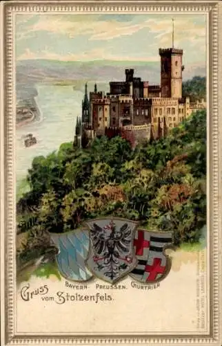 Präge Wappen Litho Stolzenfels Koblenz am Rhein, Wappen Bayern, Preussen u. Kurtrier