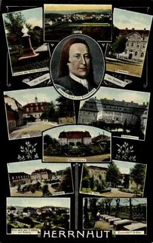 Ak Herrnhut in der Oberlausitz, Ludwig Graf von Zinzendorf, Brüderhaus, Herrschaftshaus, Marktplatz