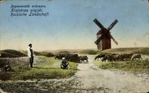 Ak Russland, Windmühle, Bauern