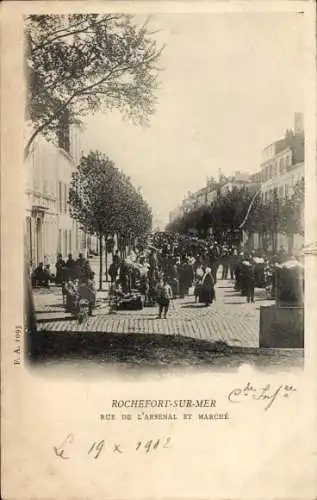 Ak Rochefort sur Mer Charente Maritime, Rue de l’Arsenal, Markt