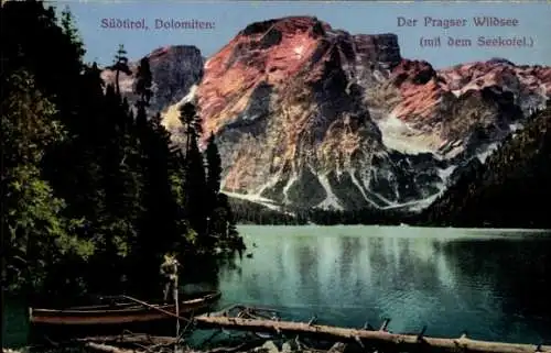 Ak Dolomiten Südtirol, Pragser Wildsee mit dem Seekofel