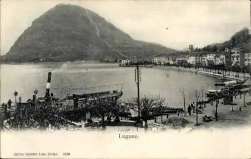 Ak Lugano Kanton Tessin Schweiz, Promenade, Anleger, Berg