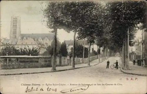 Ak Château Thierry Aisne, Eglise Saint Crepin, Avenue de Soissons ou se font les Curses de Cote