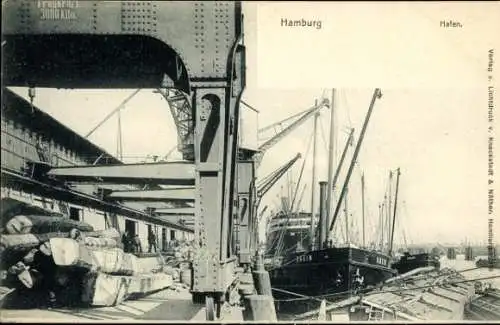 Ak Hamburg, Hafen, Schiff Rhein, Lastkähne, Kräne