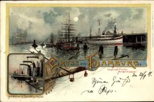 Mondschein Litho Hamburg, Segelschiffhafen Amerikaquai, Kräne Sandtorquai