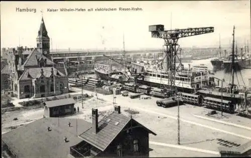 Ak Hamburg, Kaiser Wilhelm Hafen, elektrischer Riesen-Kran