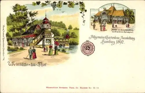 Litho Hamburg, Allg. Gartenbau Ausstellung 1897, Weinhütte im Tal, Samenhandlung Ernst, Spreckelsen