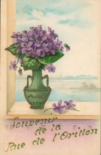 Glitzer Ak Veilchen in der Blumenvase, Souvenir de la Rue de l'Orillon