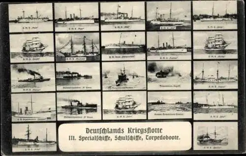 Ak Deutschlands Kriegsflotte, Spezialschiffe, Schulschiffe, SMS Möwe, SMS Tiger, SMS Eber, SMS Blitz