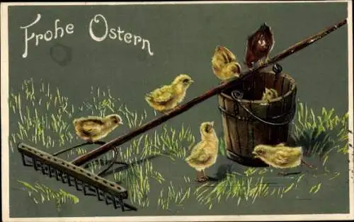 Präge Ak Glückwunsch Ostern, Küken, Eimer, Harke