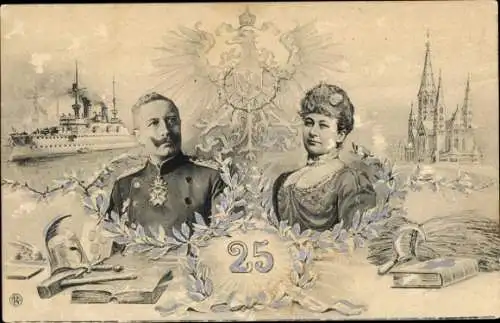 Ak Kaiser Wilhelm II., Kaiserin Auguste Viktoria, Kriegsschiff, Wappen