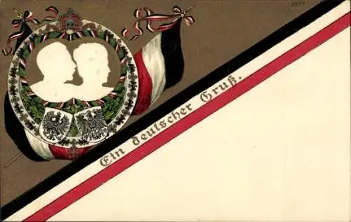 Präge Wappen Ak Ein deutscher Gruß, Kaiser Wilhelm II. von Preußen, Kaiserin Auguste Viktoria