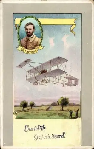 Ak Glückwunsch, Flugpionier, Flugzeug, Farman