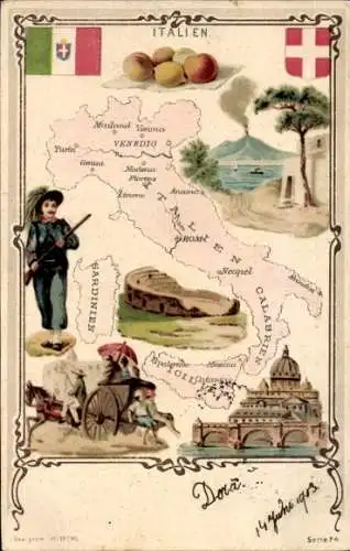 Landkarten Litho Italien, Sardinien, Sizilien, Trachten, Wappen