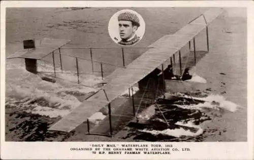 Ak Daily Mail Wasserflugzeug-Tour 1912, Grahame White Aviation, Henry Farman Wasserflugzeug