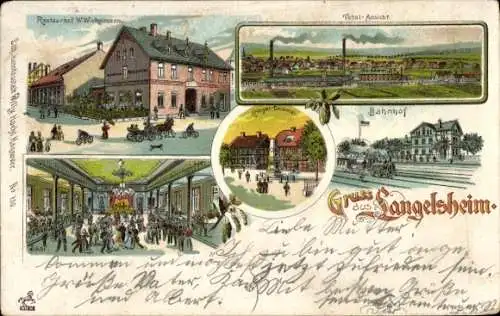 Litho Langelsheim Harz, Gesamtansicht, Restaurant W. Winkelmann, Bahhof, Kriegerdenkmal