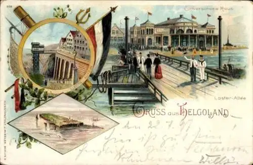 Litho Nordseeinsel Helgoland, Lästerallee, Konversationshaus, Aufzug