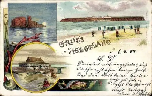 Litho Nordseeinsel Helgoland, Gesamtansicht bei Mondschein, Blick von der Düne, Gasthaus