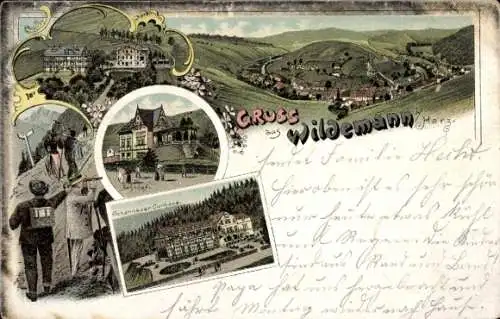 Litho Wildemann Clausthal Zellerfeld im Oberharz, Kurhaus u. Dependance, Bahnhof, Johanneser Kurhaus