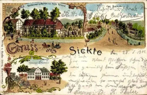 Litho Sickte in Niedersachsen, Restaurant Fritz Roland, Damm, Schule, Kirche, Rittergut Veltheim