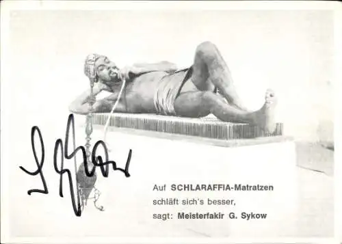 Ak Reklame Schlaraffia Matratzen, Meisterfakir G. Sykow, Wasserpfeife, Autogramm