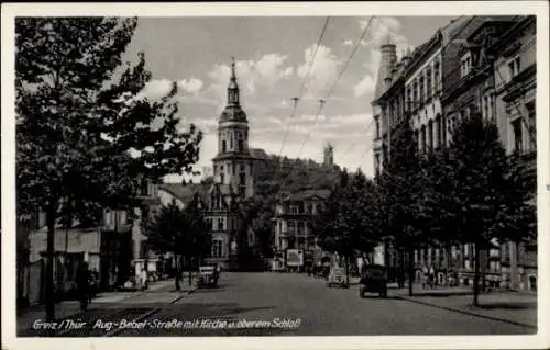 Ak Greiz im Vogtland, August Bebel-Straße, Kirche, oberes Schloss