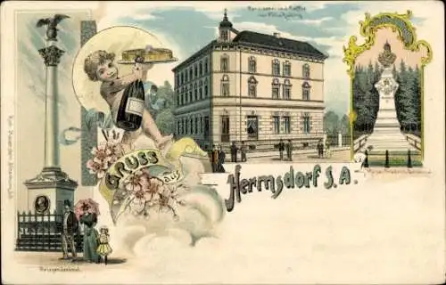 Litho Hermsdorf in Thüringen, Kriegerdenkmal, Conditorei und Caffee, Kaiser Friedrich Denkmal