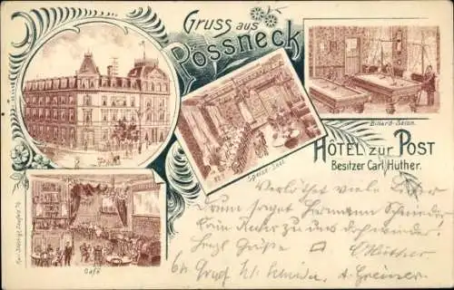 Litho Pößneck in Thüringen, Hotel zur Post, Cafe, Billardsalon