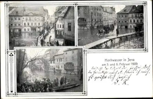 Ak Jena in Thüringen, Hochwasser Februar 1909, Straßenpartien, Stege