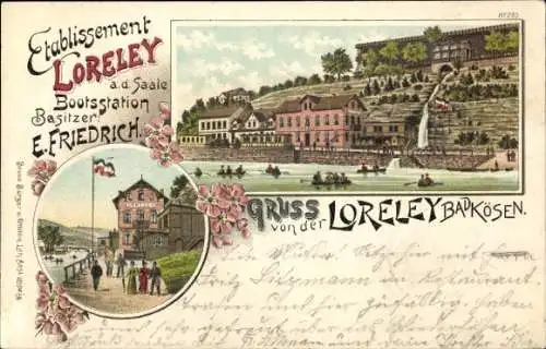 Litho Bad Kösen Naumburg an der Saale, Etablissement Loreley, Bootsstation