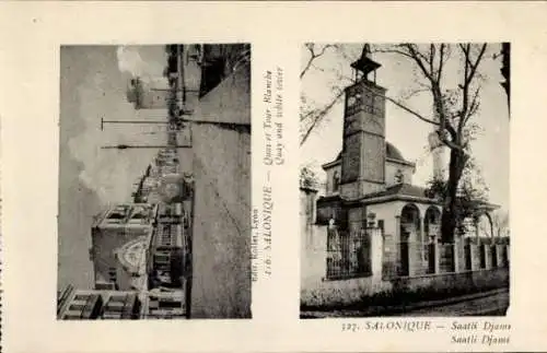 Ak Saloniki Thessaloniki Griechenland, Weißer Turm, Straßenbahn, Moschee Saatli Djami