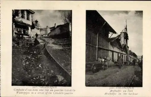 Ak Thessaloniki Griechenland, Wasserleitungen im Zitadellenviertel, Arabadjis im Hafen