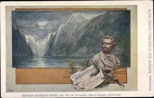 Künstler Ak  Komponist Edvard Grieg, Porträt, Noten, Fjord