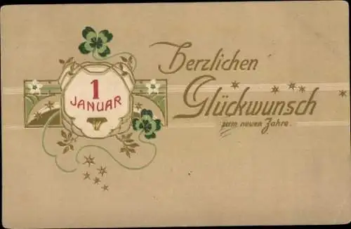 Präge Ak Glückwunsch Neujahr, Glücksklee, Kalender