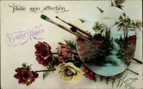 Ak Farbpalette, Blumen, Kitsch