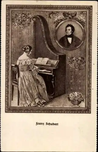 Ak Frau am Klavier, Österr. Komponist Franz Schubert, Harfenklavier