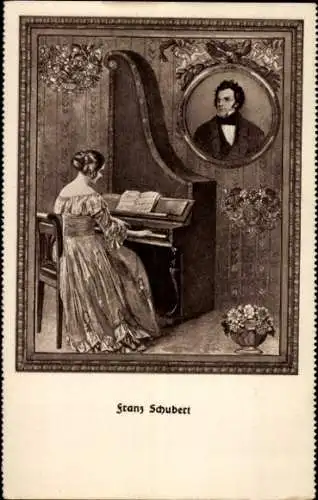 Ak Frau am Klavier, Österr. Komponist Franz Schubert, Harfenklavier