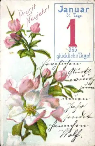 Litho Glückwunsch Neujahr, Kalender, Blumen