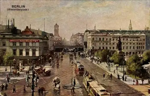 Künstler Ak Berlin Mitte, Alexanderplatz, Allmann Zahnklinik, Denkmal, Photoatelier, Straßenbahnen