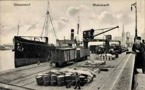 Ak Düsseldorf am Rhein, Rheinwerft, Hafenansicht, Dock mit Schiff, Hafenkran