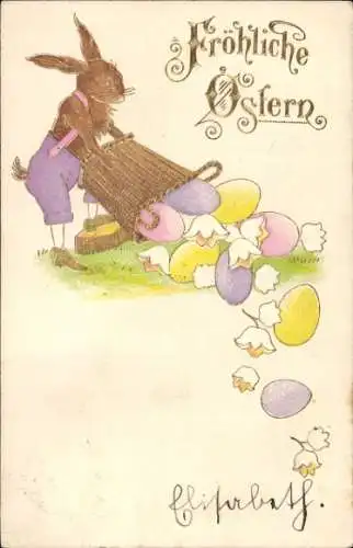 Ak Glückwunsch Ostern, Osterhase, Ostereier, Blumen, Korb