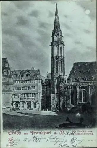 Mondschein Ak Frankfurt am Main, Nikolaikirche, Römerberg