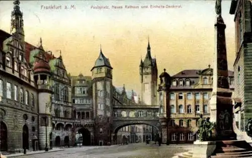 Ak Frankfurt am Main, Paulsplatz, Neues Rathaus und Einheits-Denkmal