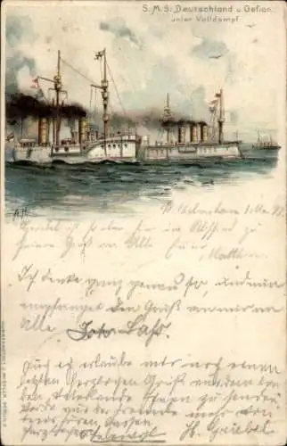 Künstler Litho Deutsches Kriegsschiff, SMS Deutschland, SMS Gefion, Kaiserliche Marine