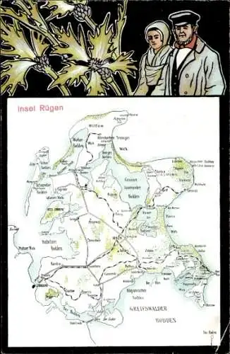Landkarten Ak Insel Rügen, Paar in Tracht