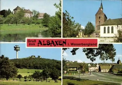 Ak Albaxen Höxter Nordrhein Westfalen, Turm, Flusspartie, Straßenpartie, Kirche