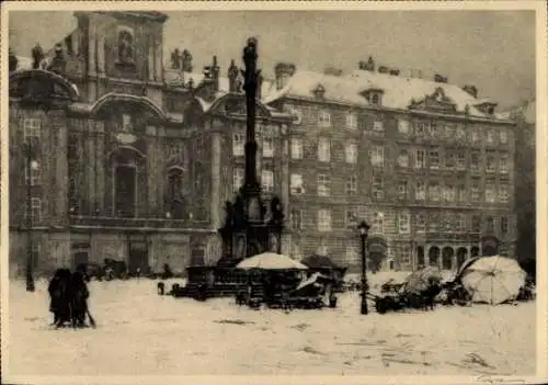 Ak Bremen, Marktplatz im Winter, Schnee, Denkmal, Markthändler, Eduscho Kaffee Reklame