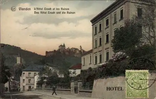 Ak Vianden Luxemburg, Hotel Ensch und die Ruinen