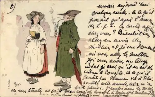 Litho Mann und Frau in Elsässer Trachten, Pfeife