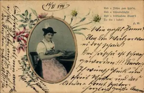 Ak Frau in Tracht mit Zither, Dirndl